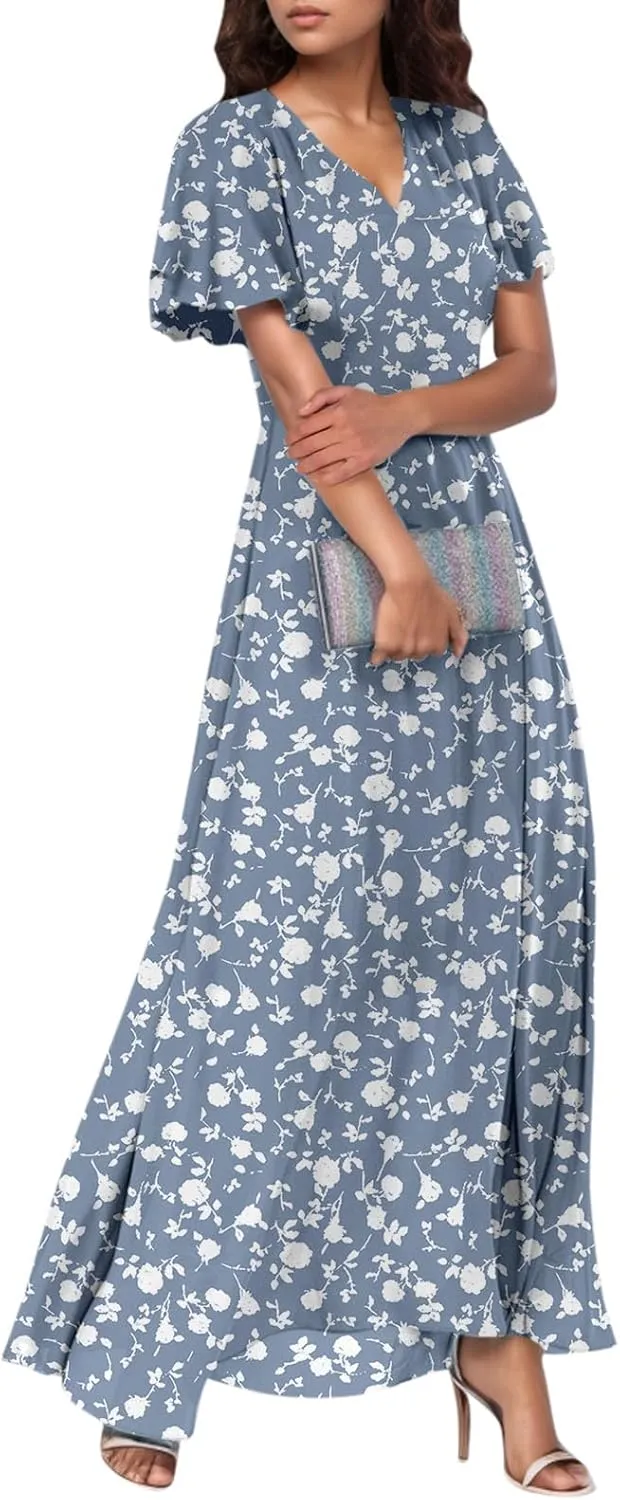 Maxi Dresses for Women,2025 Summer Trendy Floral Boho Dress,Casual V Neck Short Sleeve Chiffon Flowy Beach Dress