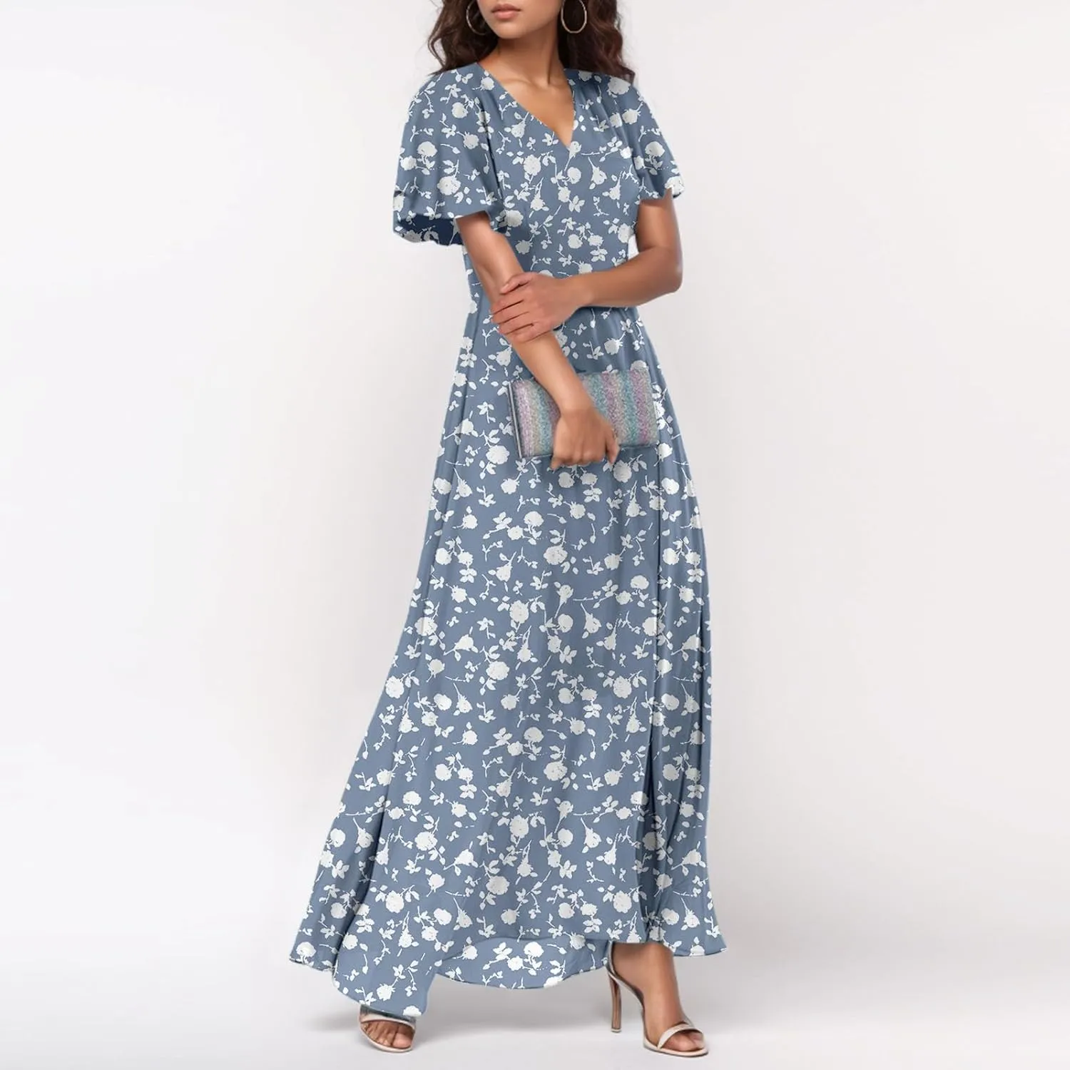 Maxi Dresses for Women,2025 Summer Trendy Floral Boho Dress,Casual V Neck Short Sleeve Chiffon Flowy Beach Dress