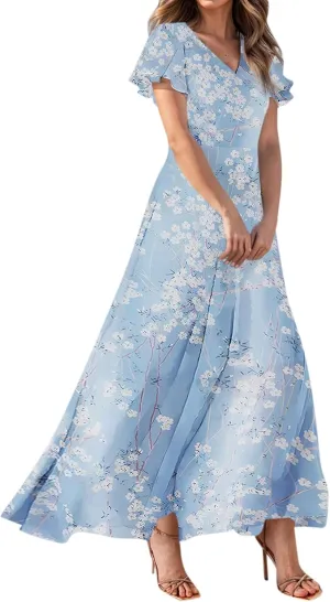 Maxi Dresses for Women,2025 Summer Trendy Floral Boho Dress,Casual V Neck Short Sleeve Chiffon Flowy Beach Dress