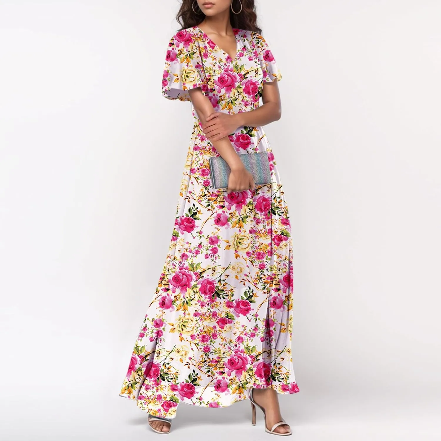 Maxi Dresses for Women,2025 Summer Trendy Floral Boho Dress,Casual V Neck Short Sleeve Chiffon Flowy Beach Dress