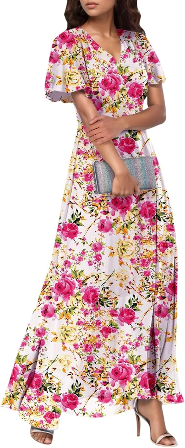 Maxi Dresses for Women,2025 Summer Trendy Floral Boho Dress,Casual V Neck Short Sleeve Chiffon Flowy Beach Dress