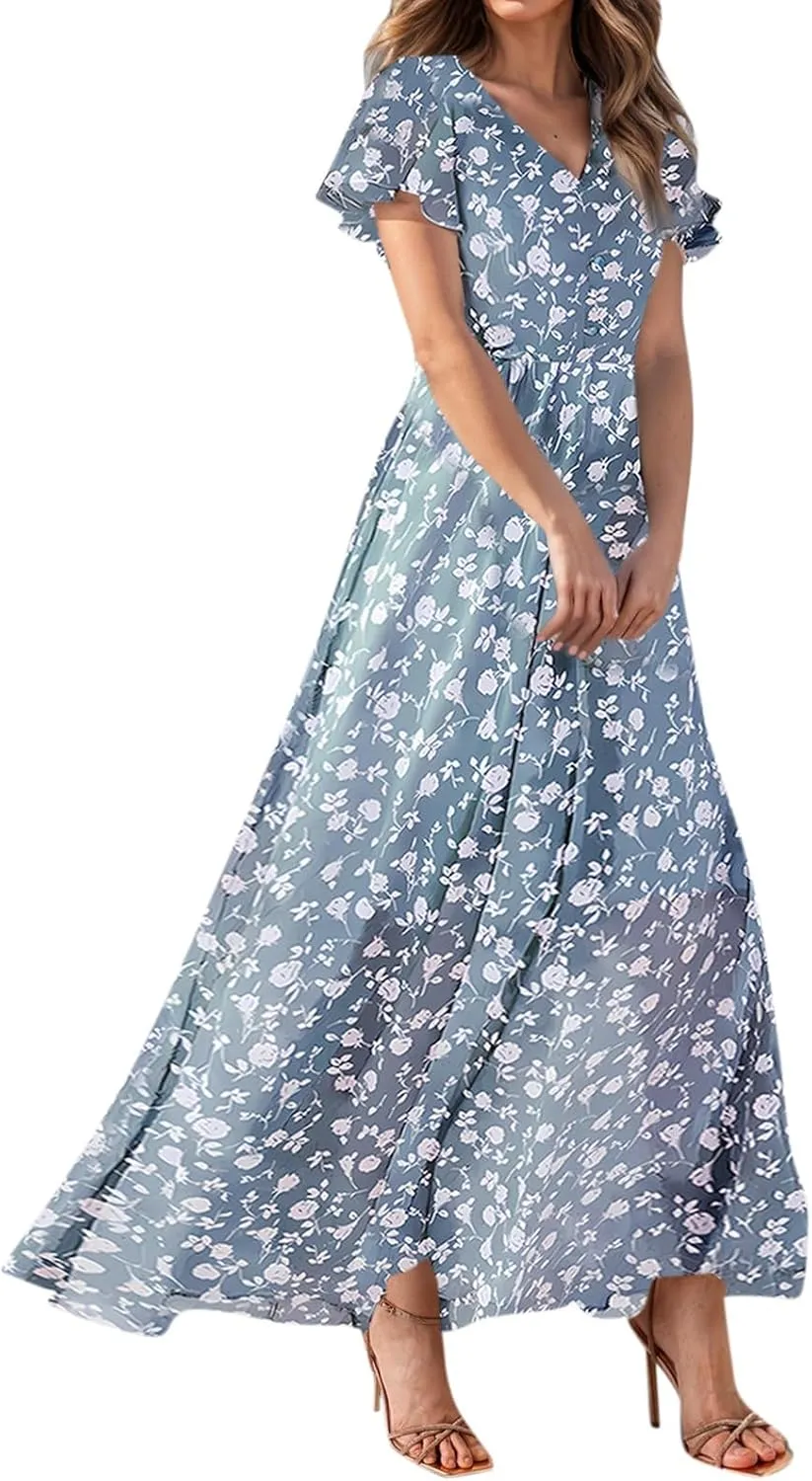 Maxi Dresses for Women,2025 Summer Trendy Floral Boho Dress,Casual V Neck Short Sleeve Chiffon Flowy Beach Dress