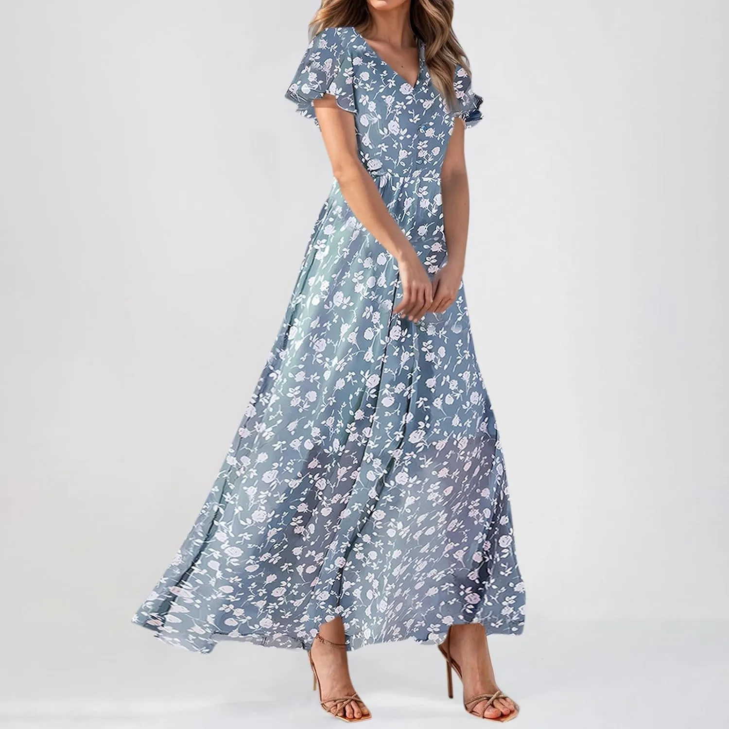 Maxi Dresses for Women,2025 Summer Trendy Floral Boho Dress,Casual V Neck Short Sleeve Chiffon Flowy Beach Dress