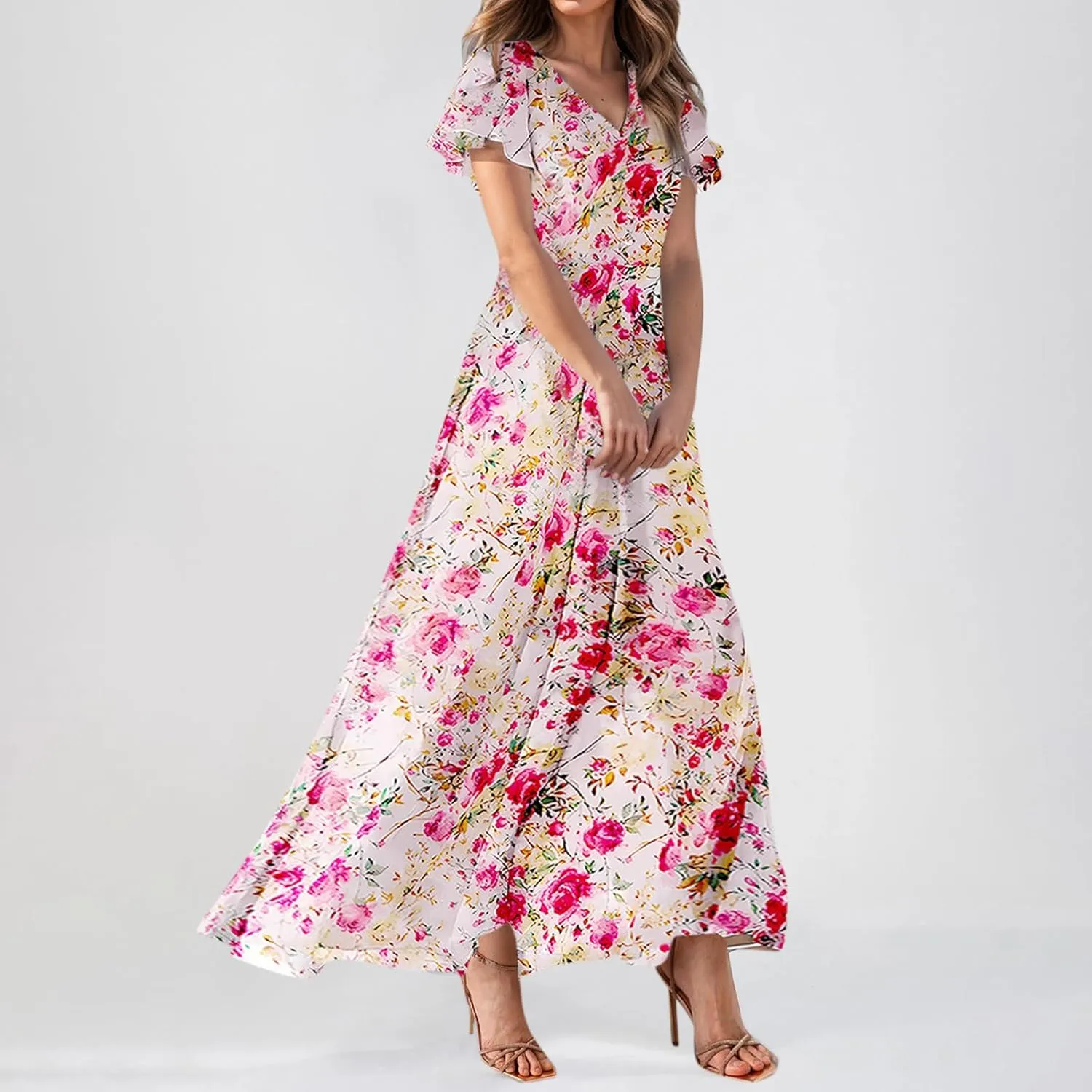 Maxi Dresses for Women,2025 Summer Trendy Floral Boho Dress,Casual V Neck Short Sleeve Chiffon Flowy Beach Dress