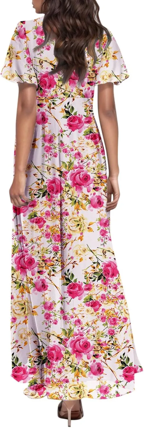 Maxi Dresses for Women,2025 Summer Trendy Floral Boho Dress,Casual V Neck Short Sleeve Chiffon Flowy Beach Dress