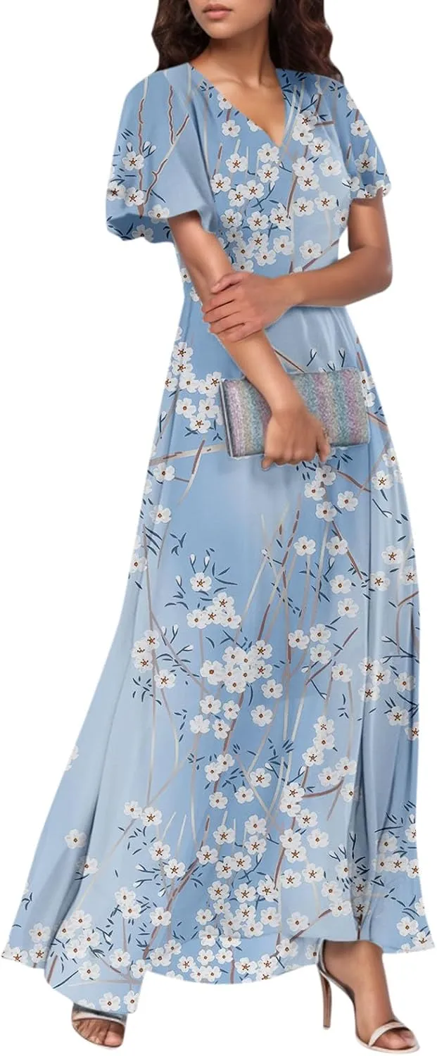 Maxi Dresses for Women,2025 Summer Trendy Floral Boho Dress,Casual V Neck Short Sleeve Chiffon Flowy Beach Dress