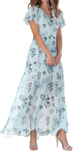 Maxi Floral Dresses for Women 2025 Summer Elegant Flowy Sundresses Trendy Flutter Sleeve Boho Long Dress V Neck Party