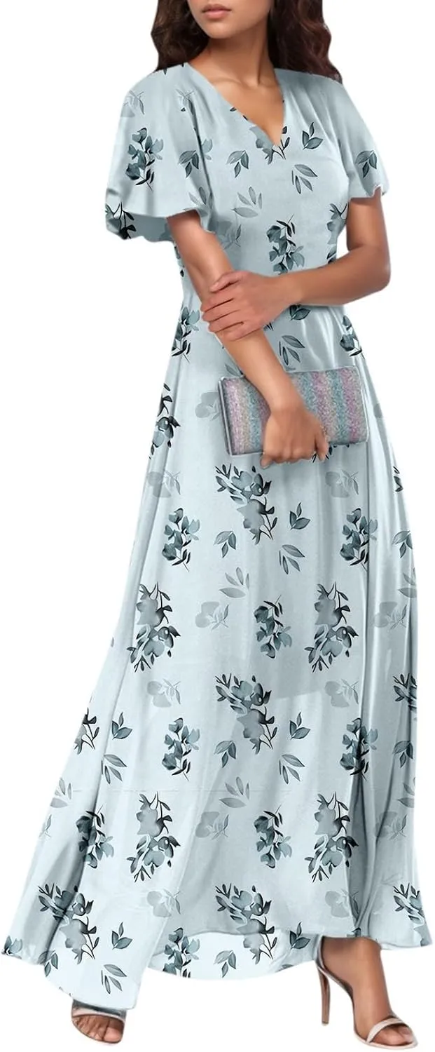 Maxi Floral Dresses for Women 2025 Summer Elegant Flowy Sundresses Trendy Flutter Sleeve Boho Long Dress V Neck Party
