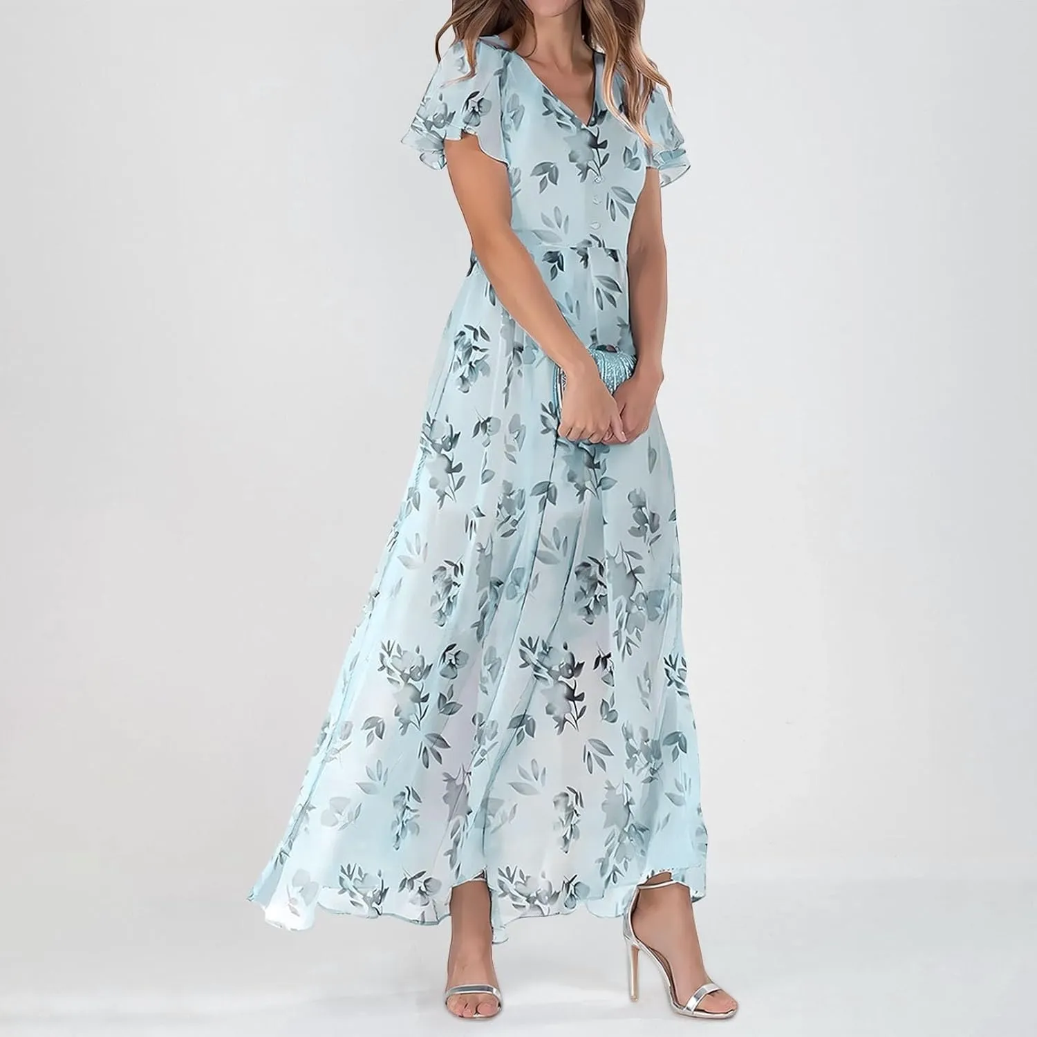 Maxi Floral Dresses for Women 2025 Summer Elegant Flowy Sundresses Trendy Flutter Sleeve Boho Long Dress V Neck Party