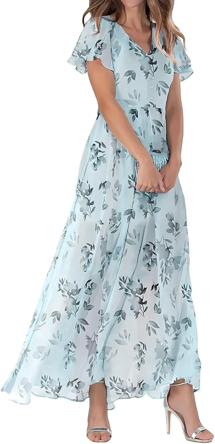 Maxi Floral Dresses for Women 2025 Summer Elegant Flowy Sundresses Trendy Flutter Sleeve Boho Long Dress V Neck Party
