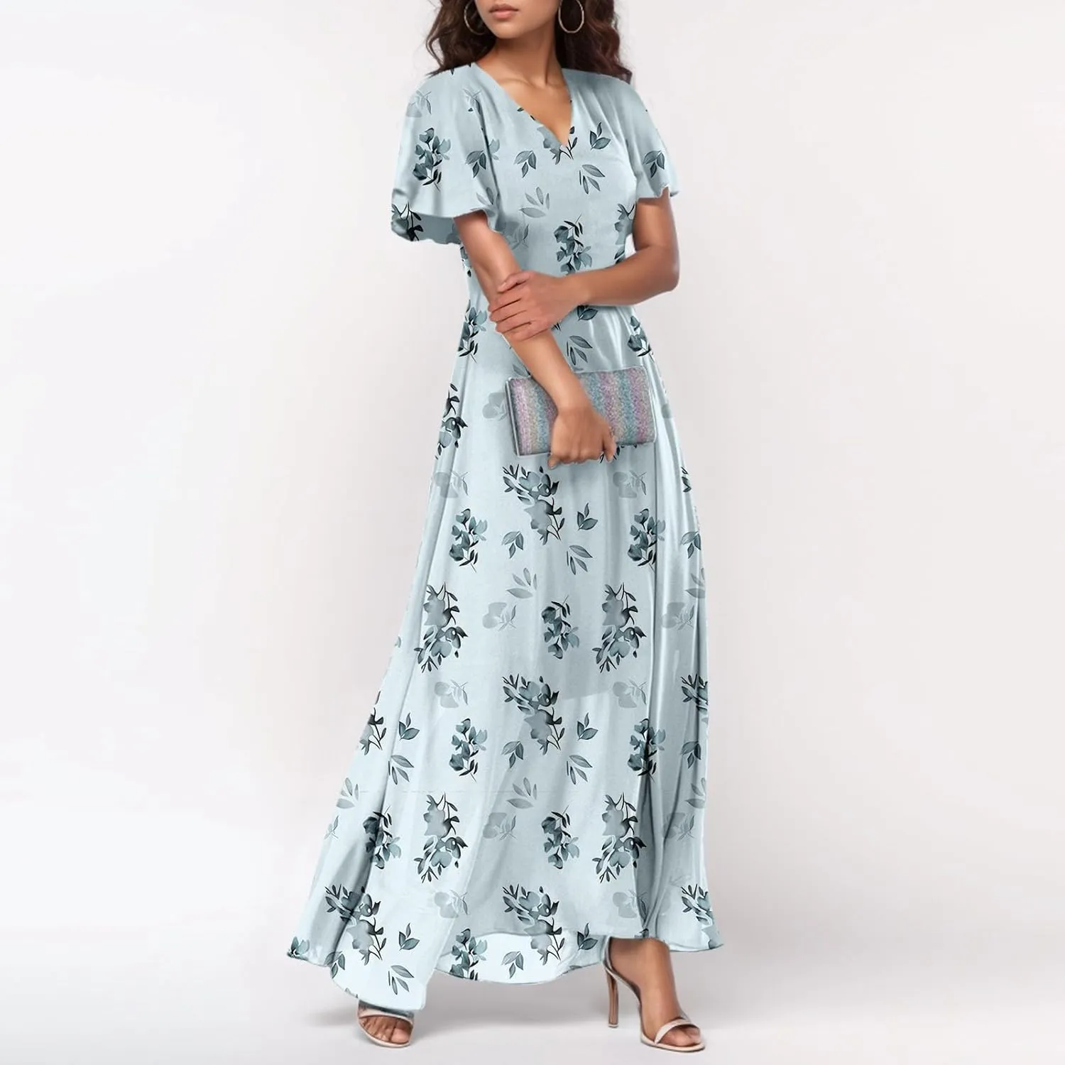 Maxi Floral Dresses for Women 2025 Summer Elegant Flowy Sundresses Trendy Flutter Sleeve Boho Long Dress V Neck Party