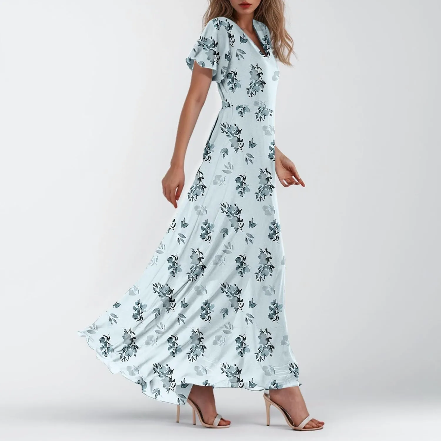 Maxi Floral Dresses for Women 2025 Summer Elegant Flowy Sundresses Trendy Flutter Sleeve Boho Long Dress V Neck Party