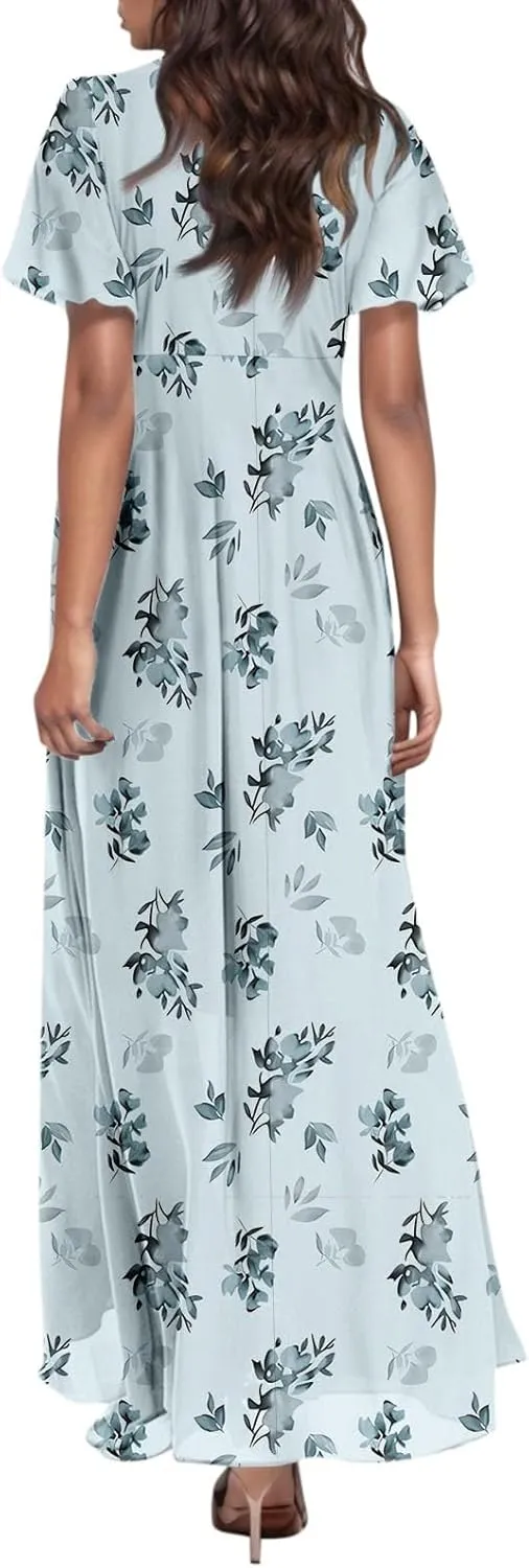 Maxi Floral Dresses for Women 2025 Summer Elegant Flowy Sundresses Trendy Flutter Sleeve Boho Long Dress V Neck Party