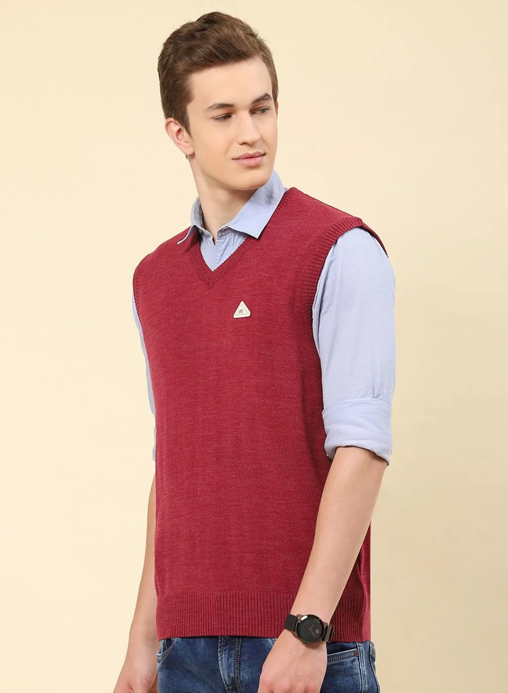 Men Dark Pink Solid Blend wool Sweater