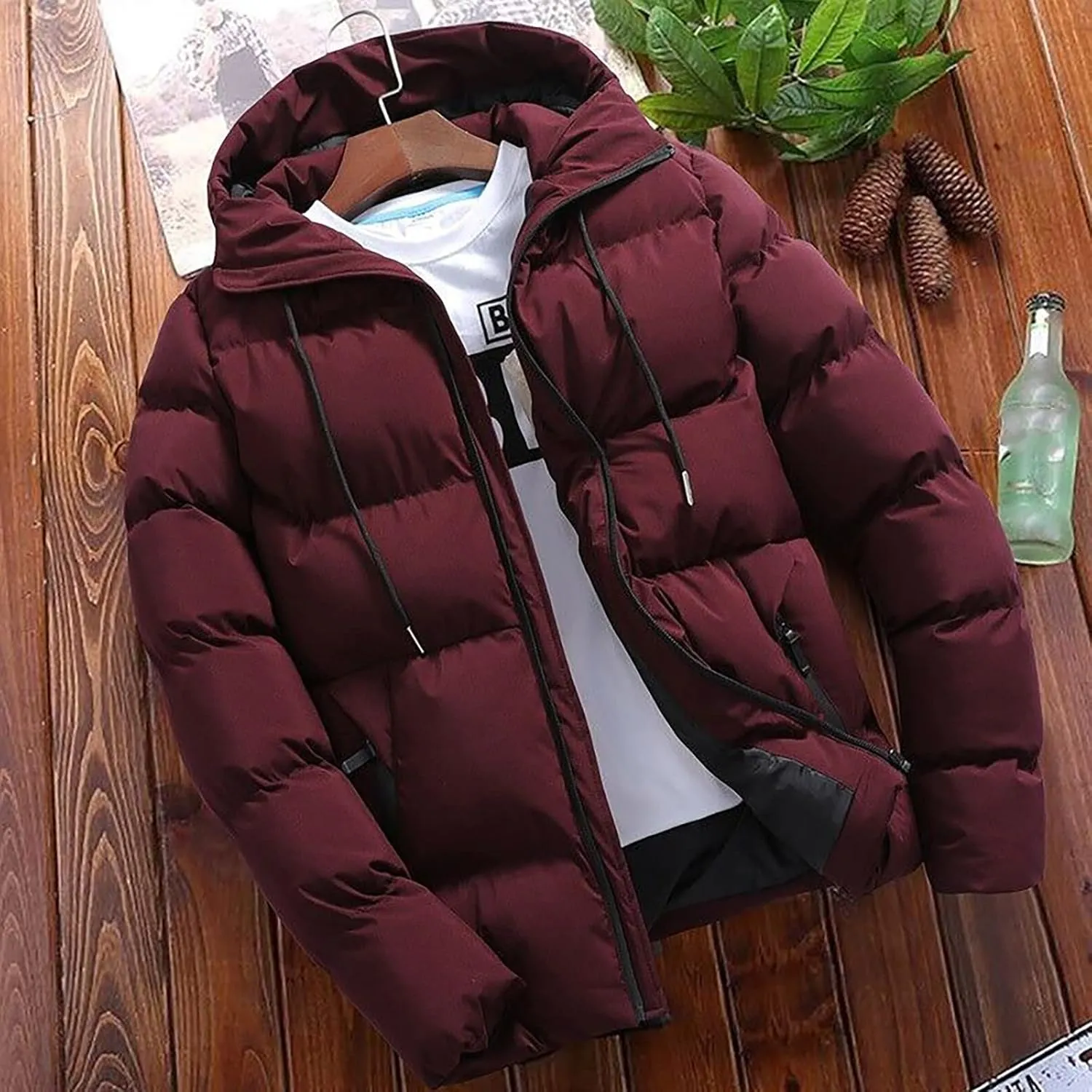Men Puffer Jacket Hooded Light Packable Long Sleeve Zip Down Jacket Winter Warm Padded Bubble Outwear Coat
