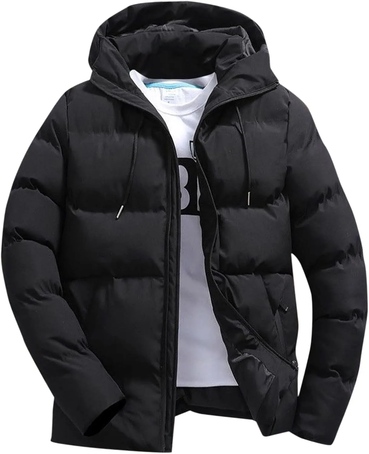 Men Puffer Jacket Hooded Light Packable Long Sleeve Zip Down Jacket Winter Warm Padded Bubble Outwear Coat