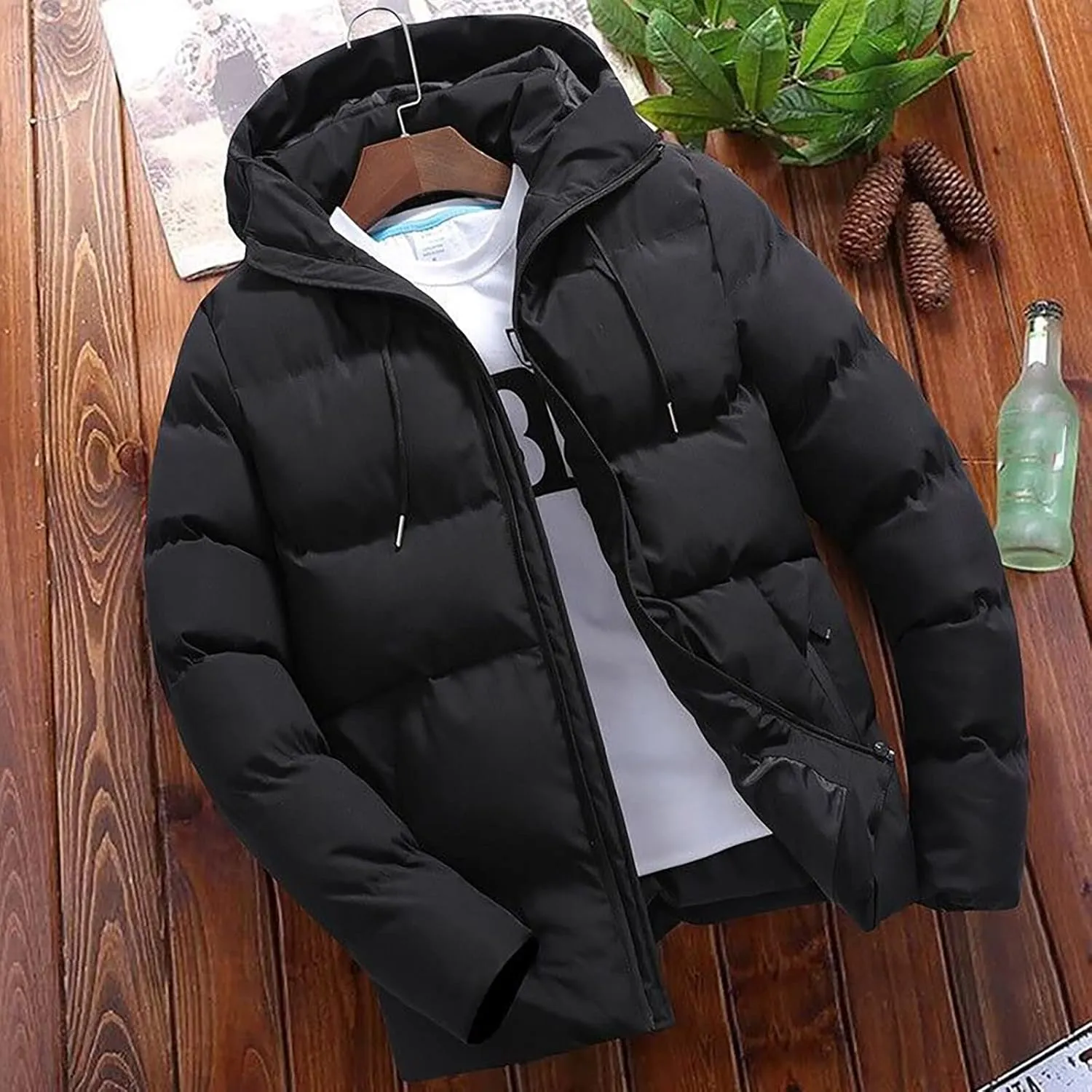 Men Puffer Jacket Hooded Light Packable Long Sleeve Zip Down Jacket Winter Warm Padded Bubble Outwear Coat