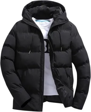 Men Puffer Jacket Hooded Light Packable Long Sleeve Zip Down Jacket Winter Warm Padded Bubble Outwear Coat