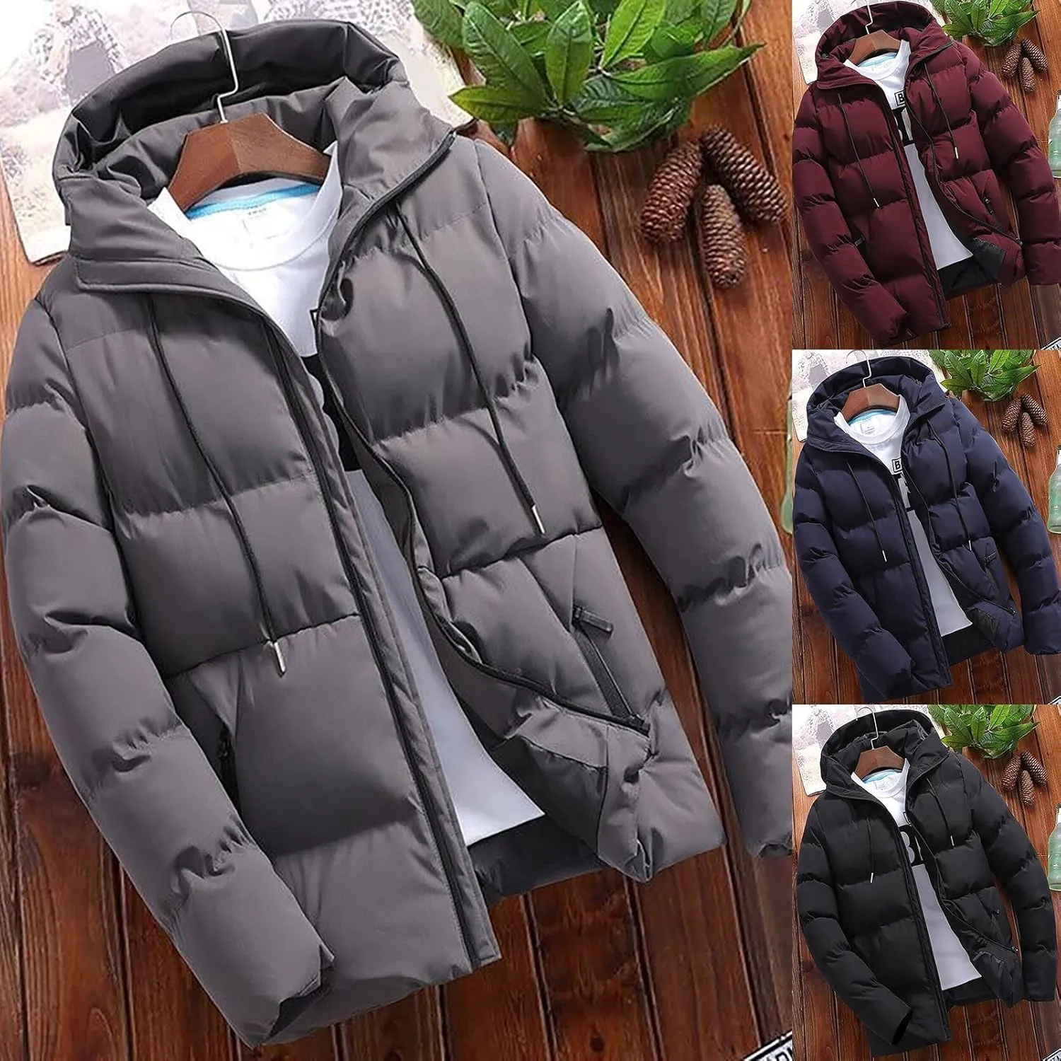 Men Puffer Jacket Hooded Light Packable Long Sleeve Zip Down Jacket Winter Warm Padded Bubble Outwear Coat