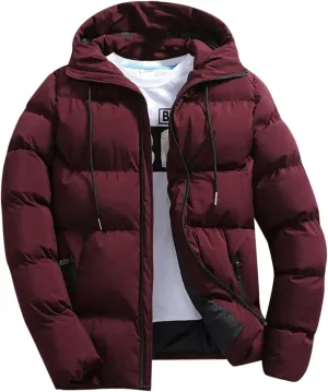 Men Puffer Jacket Hooded Light Packable Long Sleeve Zip Down Jacket Winter Warm Padded Bubble Outwear Coat