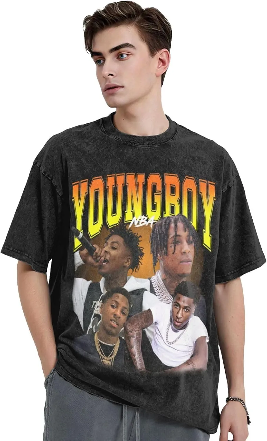 Men Vintage Oversized Drop Shoulder Casual T-Shirt Loose Wash Solid Tee Tops