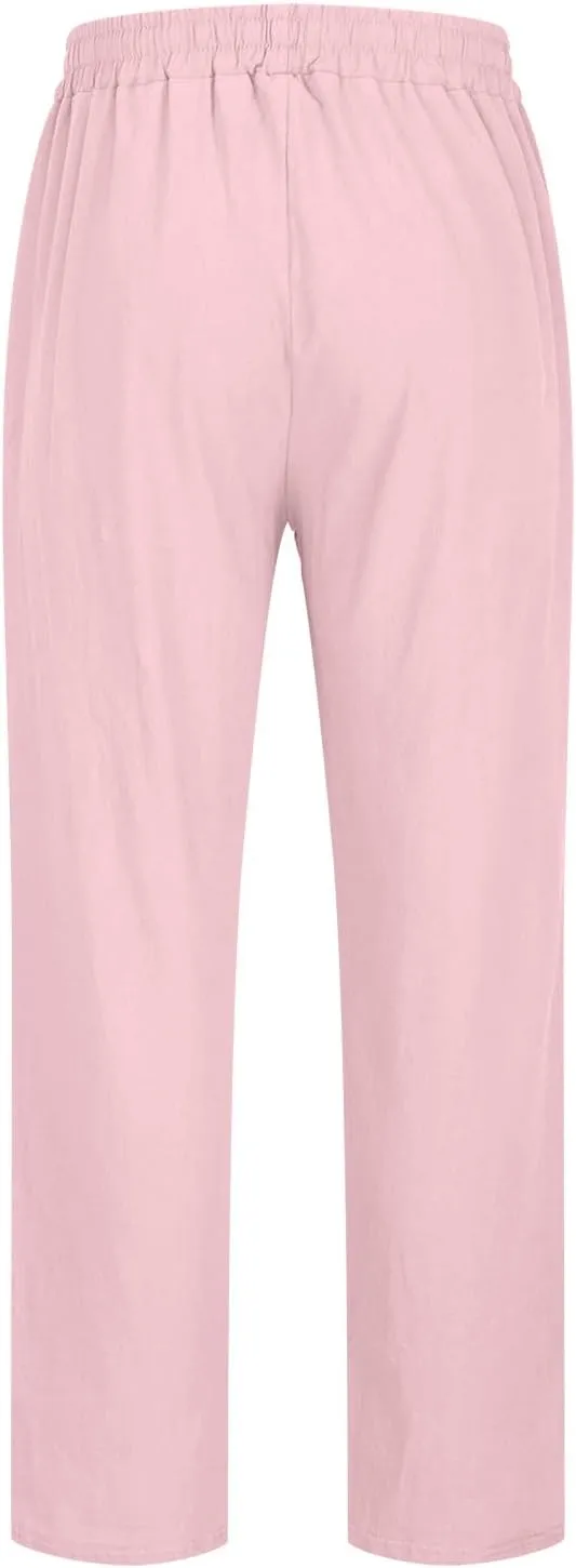 Mens Big and Tall Drawstring Stretch Cotton Linen Pants Casual Stylish Solid Beach Sport Loose Trousers Fashion