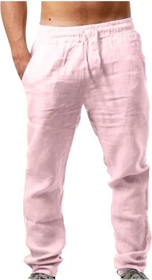 Mens Big and Tall Drawstring Stretch Cotton Linen Pants Casual Stylish Solid Beach Sport Loose Trousers Fashion