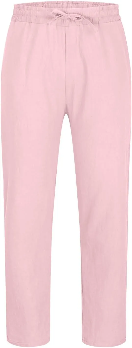 Mens Big and Tall Drawstring Stretch Cotton Linen Pants Casual Stylish Solid Beach Sport Loose Trousers Fashion