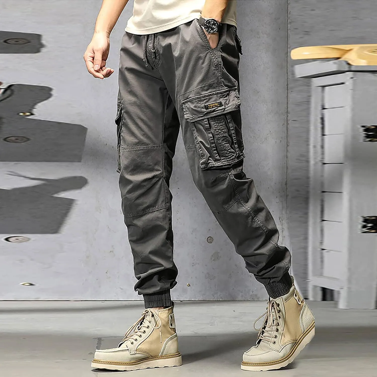 Mens Cargo Hiking Pants Casual Work Cotton Tapered Trousers Multi-Pocket Elastic Waist Baggy Overall Harem Track Pants