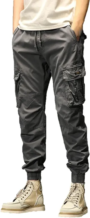 Mens Cargo Hiking Pants Casual Work Cotton Tapered Trousers Multi-Pocket Elastic Waist Baggy Overall Harem Track Pants