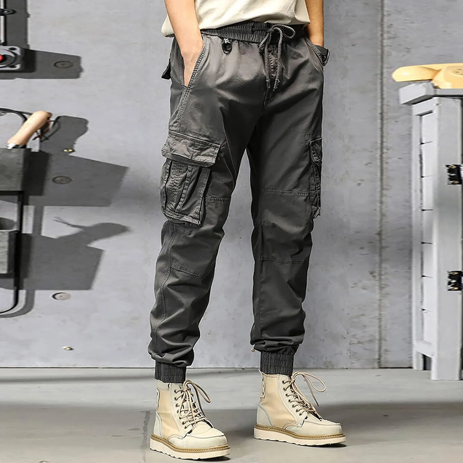 Mens Cargo Hiking Pants Casual Work Cotton Tapered Trousers Multi-Pocket Elastic Waist Baggy Overall Harem Track Pants