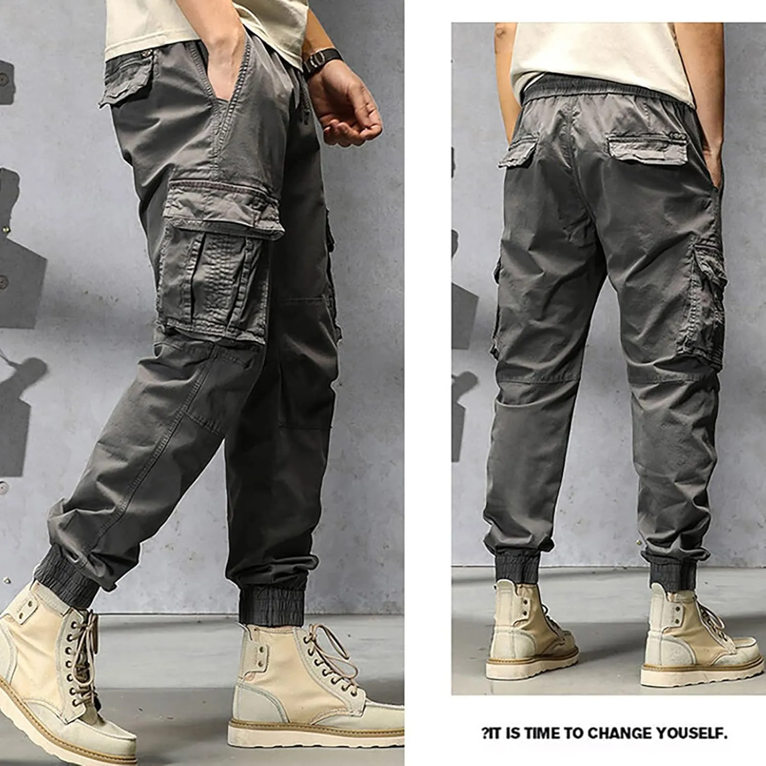 Mens Cargo Hiking Pants Casual Work Cotton Tapered Trousers Multi-Pocket Elastic Waist Baggy Overall Harem Track Pants
