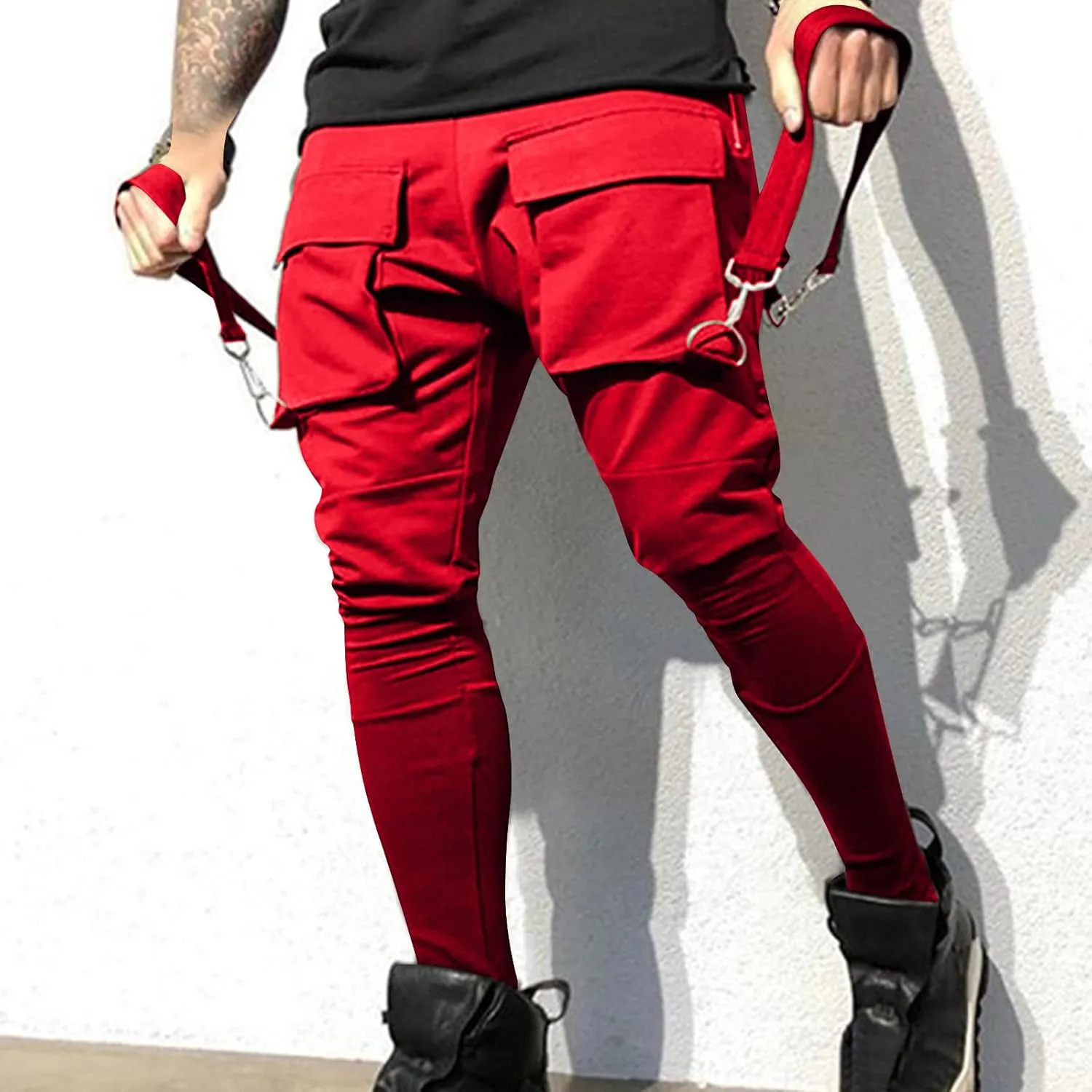 Men's Casual Cargo Pants Drawstring Stretch Elastic Waist Tapered Pants Slim Fit Sport Pants with Multi Pockets