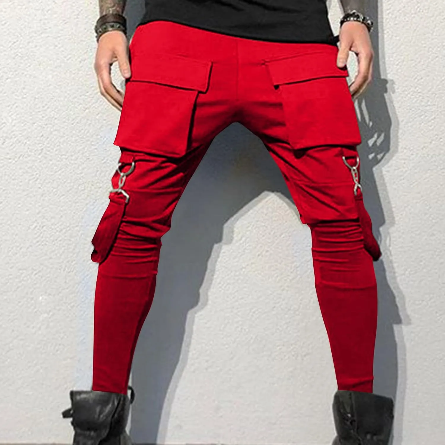 Men's Casual Cargo Pants Drawstring Stretch Elastic Waist Tapered Pants Slim Fit Sport Pants with Multi Pockets
