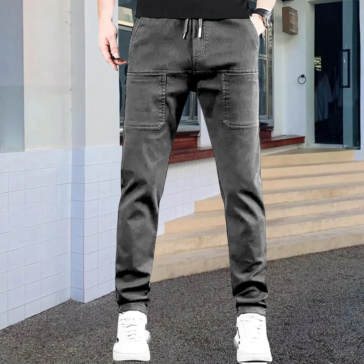 Men's Casual Sports Pants Solid Color Splice Line Trousers Drawstring Stretchy Workout Trousers Slim Fit Simple Pants