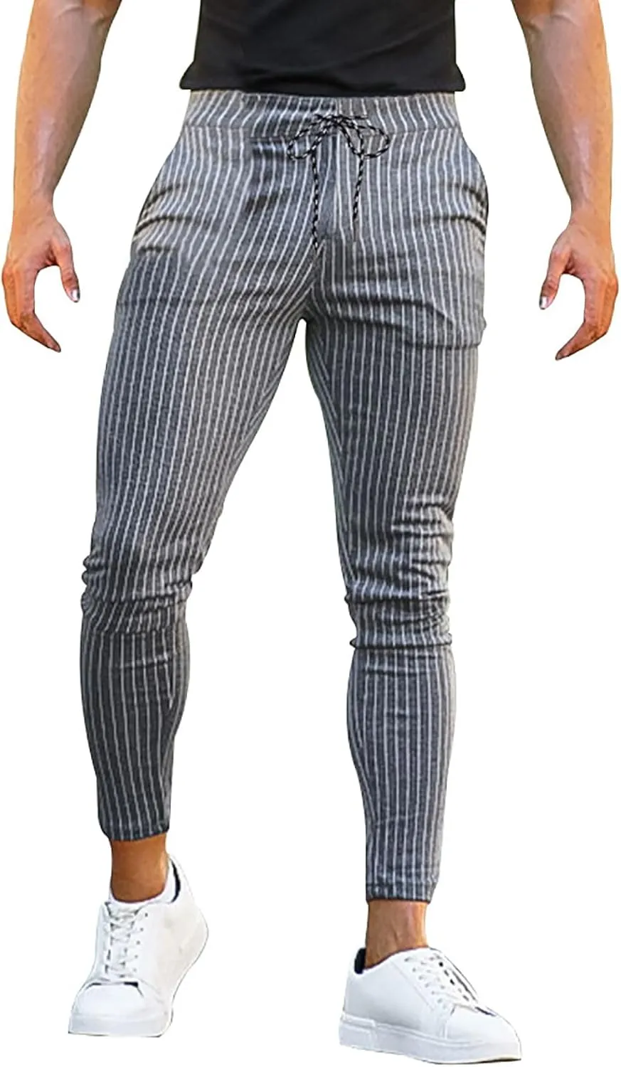 Mens Classic Striped Dress Pants Slim Fit Stretch Flat-Front Casual Golf Pencil Chinos Pants Work Business Suit Pant