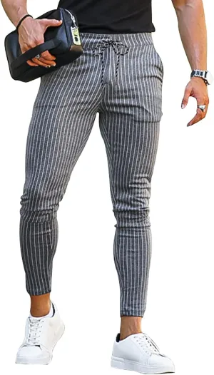 Mens Classic Striped Dress Pants Slim Fit Stretch Flat-Front Casual Golf Pencil Chinos Pants Work Business Suit Pant