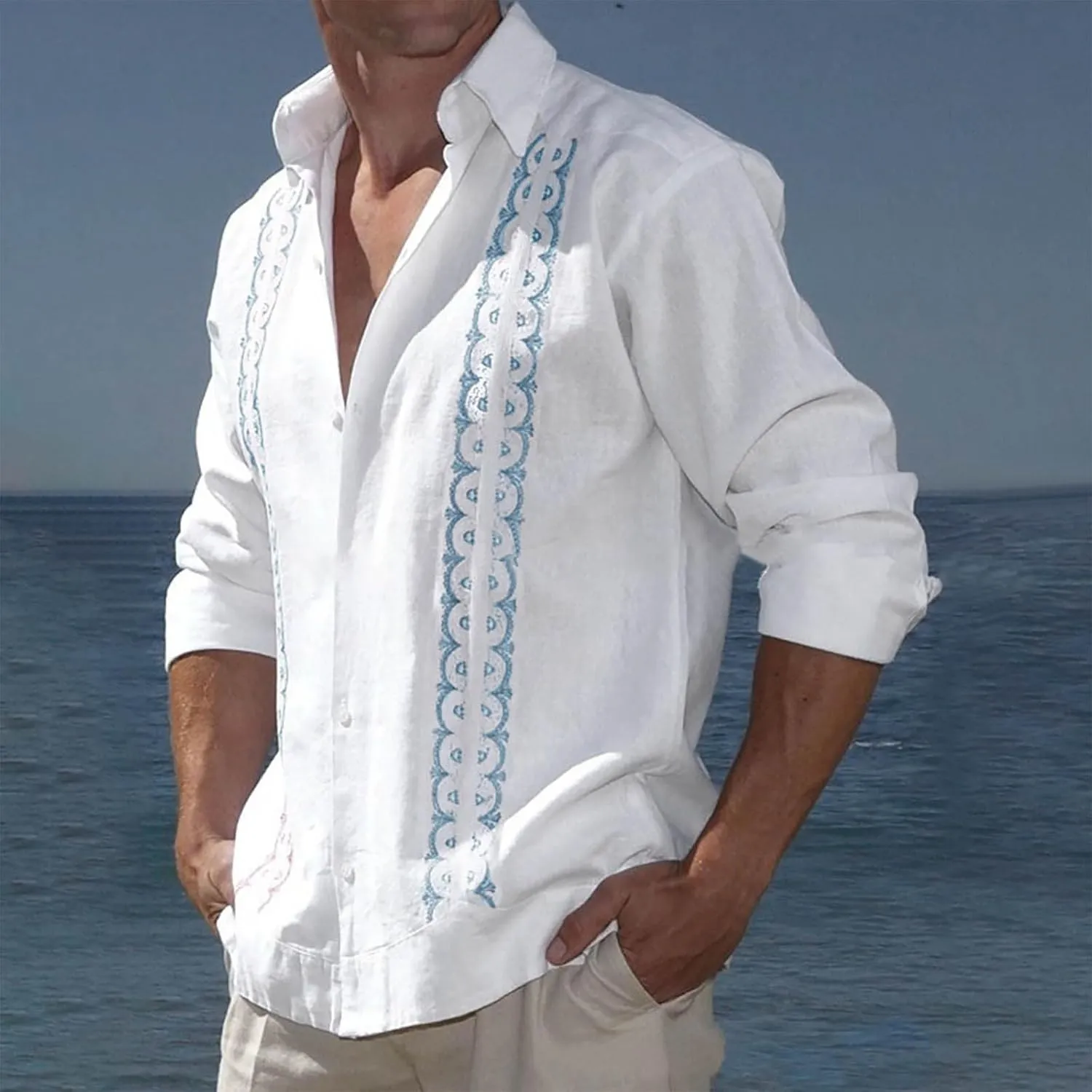 Men's Cuban Guayabera Shirts - Casual Long Sleeve Cotton Linen Button Down Shirt Summer Regular Fit Beach Tops