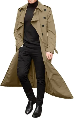 Men's Double Breasted Trench Coat Oversized Casual Windbreaker Lapel Long Jacket Belted Windbreaker Slim Fit Overcoat