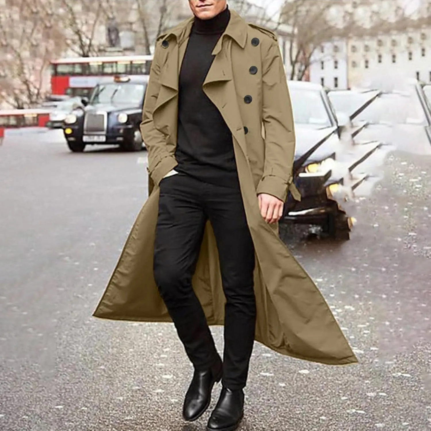 Men's Double Breasted Trench Coat Oversized Casual Windbreaker Lapel Long Jacket Belted Windbreaker Slim Fit Overcoat