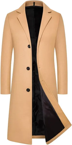 Mens Full Length Winter Trench Coat Double Breasted Wool Warm Long Windbreaker Notch Lapel Solid Overcoat Peacoat