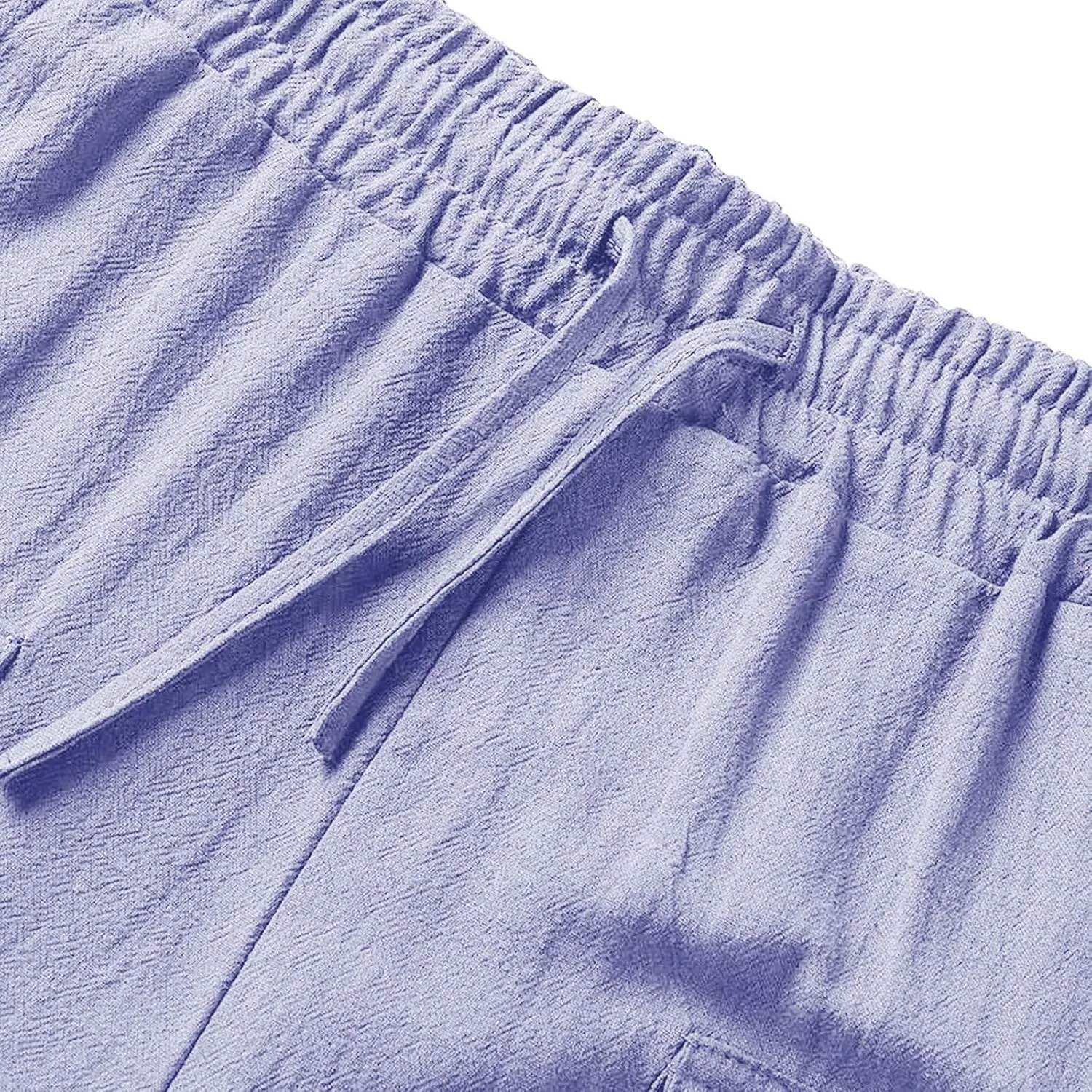 Men's Linen Pants Cargo Casual Pants Drawstring Elastic Waist Tapered Slacks Summer Beach Trousers with Multi Pockets