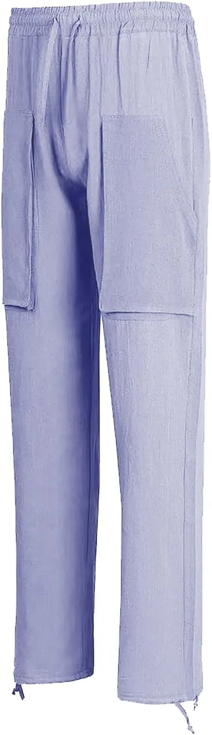 Men's Linen Pants Cargo Casual Pants Drawstring Elastic Waist Tapered Slacks Summer Beach Trousers with Multi Pockets