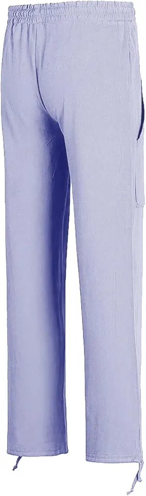Men's Linen Pants Cargo Casual Pants Drawstring Elastic Waist Tapered Slacks Summer Beach Trousers with Multi Pockets