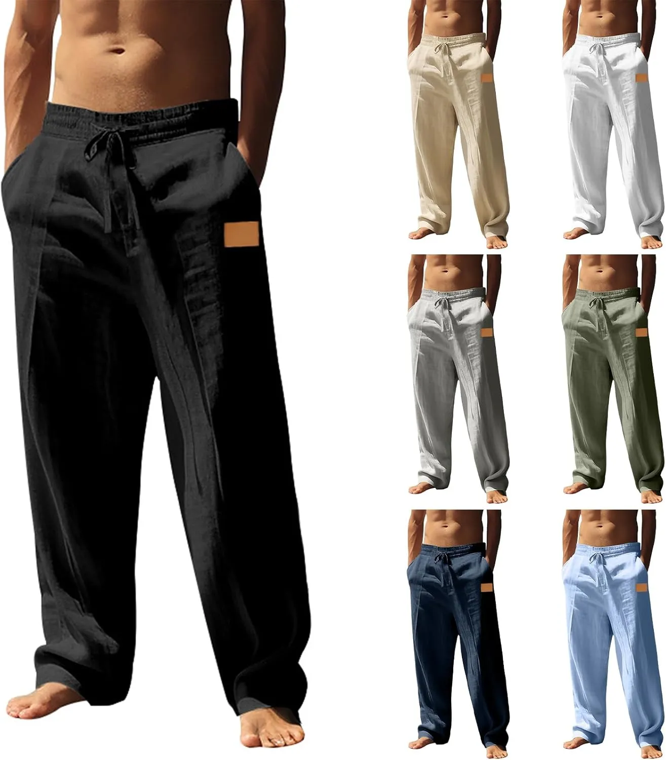 Mens Linen Pants Wide Leg Yoga Beach Pants Loose Fit Casual Pants Lounge Pant Elastic Waist Drawstring Baggy Trousers