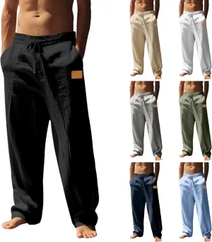 Mens Linen Pants Wide Leg Yoga Beach Pants Loose Fit Casual Pants Lounge Pant Elastic Waist Drawstring Baggy Trousers
