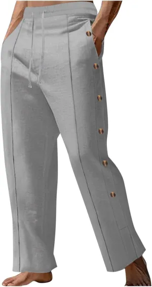 Mens Loose Fit Linen Pants Elastic Waist Drawstring Lightweight Summer Button Yoga Casual Trousers Straight Leg