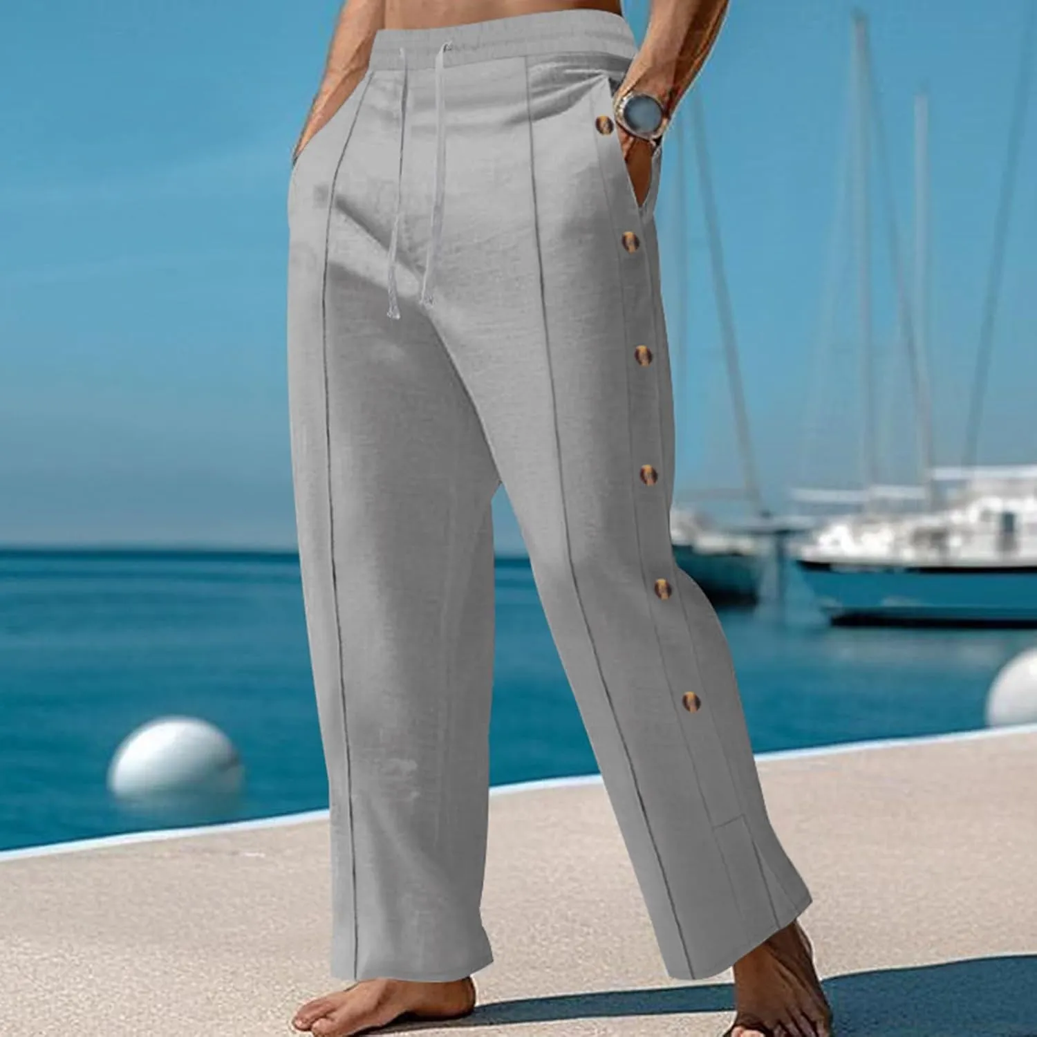 Mens Loose Fit Linen Pants Elastic Waist Drawstring Lightweight Summer Button Yoga Casual Trousers Straight Leg