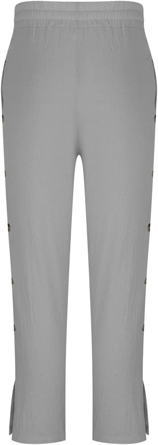 Mens Loose Fit Linen Pants Elastic Waist Drawstring Lightweight Summer Button Yoga Casual Trousers Straight Leg