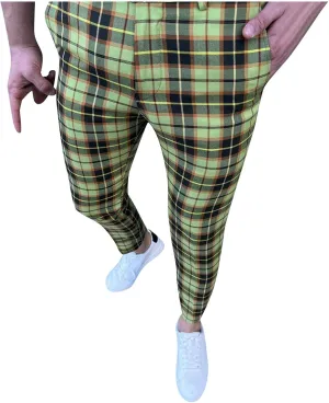 Men's Plaid Dress Pants Skinny Slim Fit Tapered Pants Stretch Chino Pants Checked Office Prom Trousers with Pockets